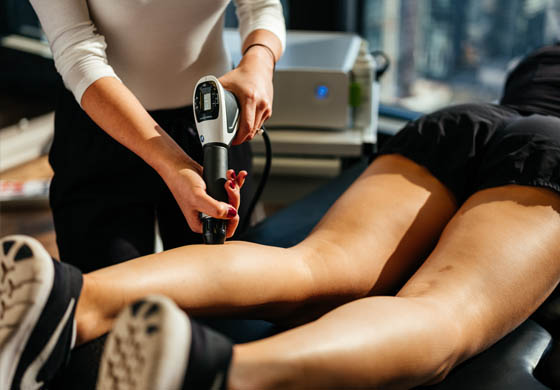 Therapist doing shockwave therapy on a patient at the Sport Medicine Clinic